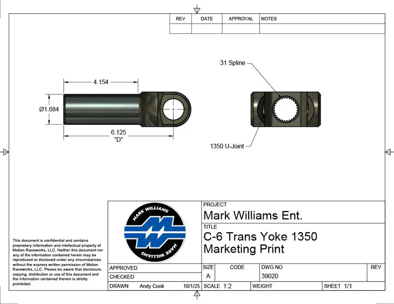 Mark Williams Ford C6 1350 Series 31 Spline Transmission Slip Yoke (PN: 39020)