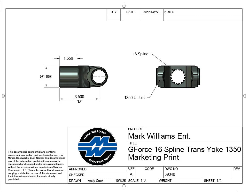 Mark Williams G-Force 1350 Series 16 Spline Transmission Slip Yoke (PN: 39040)