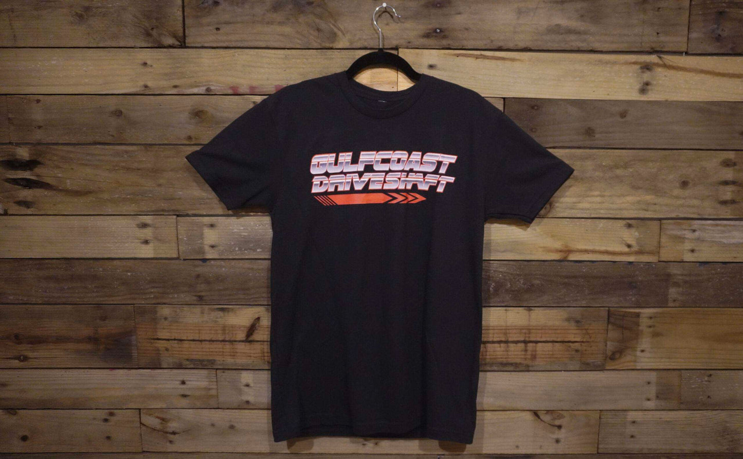 Black crewneck t-shirt featuring the "Gulfcoast Driveshaft" logo in bold lettering across the chest.