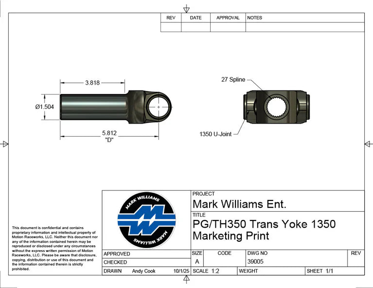Mark Williams Powerglide/TH350/4L60/700R4 1350 Series 27 Spline Transmission Slip Yoke (PN: 39005)