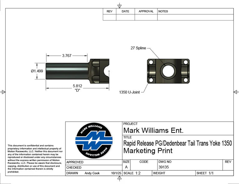 Mark Williams Powerglide w/ Roller Bearing Tailhousing 1350 Series 27 Spline Transmission Slip Yoke - Quick Release (PN: 39135)