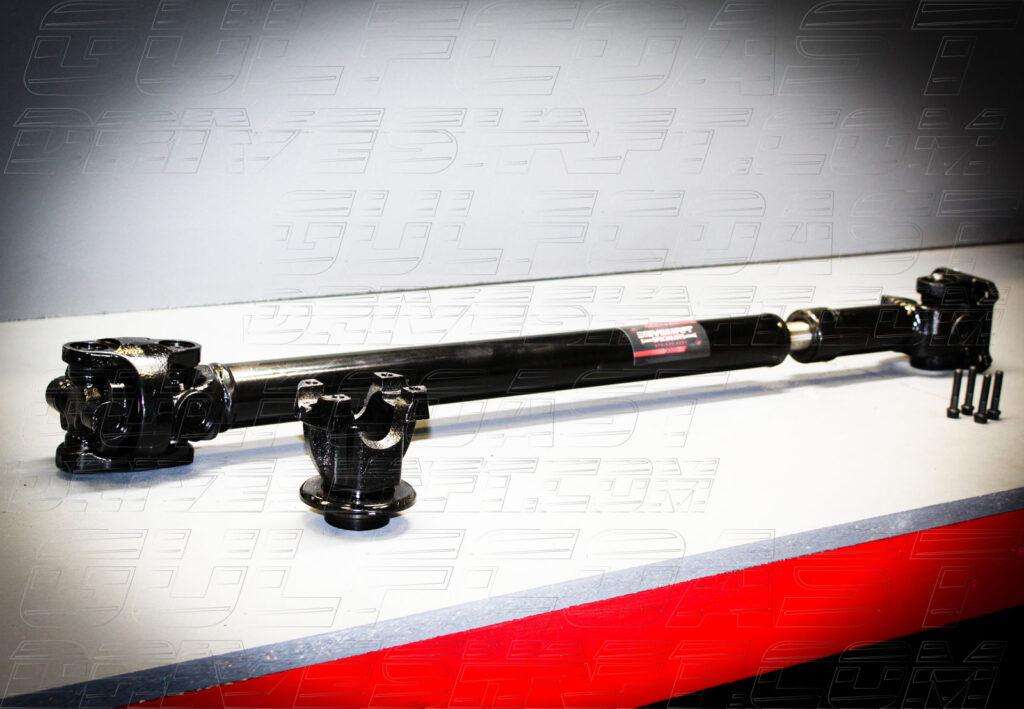 Front driveshaft for 2018+ Jeep JL Wrangler, featuring black steel construction, solid U-joints, and various fittings.