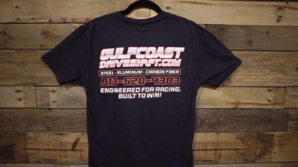 Black Gulf Coast Driveshaft shirt with a bold white and red logo across the chest; features a soft cotton blend fabric.