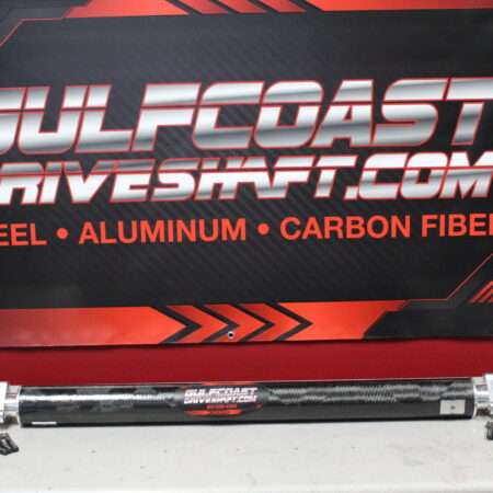Carbon fiber driveshaft for 2015+ Dodge Challenger Hellcat/Demon, featuring a sleek black design with silver hardware and branding.